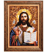 AMB-01/ 2 Икона «Иисус Христос» (с янтарной крошкой) пласт.рамка H-37см